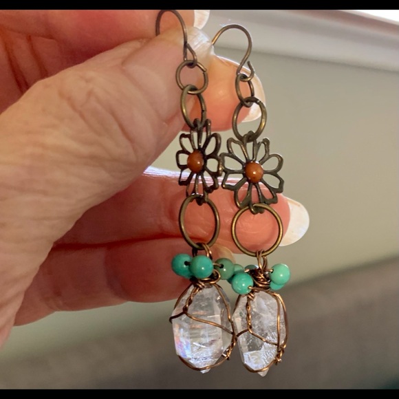 Quartz & Turquoise Brass Flower Earrings - Picture 8 of 13